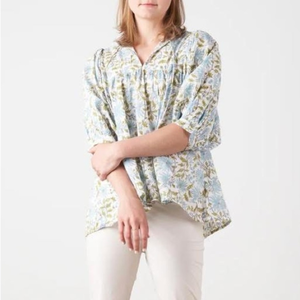 Tuckernuck Blue and Olive Floral Peasant Top